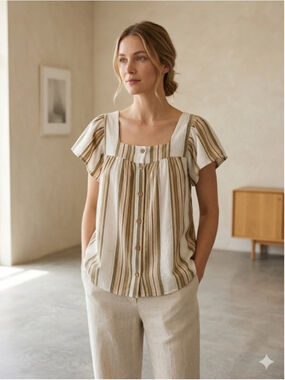 Lapogee Boho Striped Button Front Blouse 3X Plus Size Rayon Flutter Sleeve Top